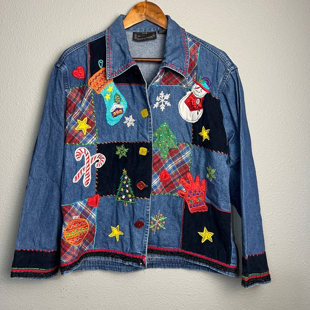 New Direction Christmas‎ Denim Jacket M Cotton Patchwork Appliqué Holiday Santa